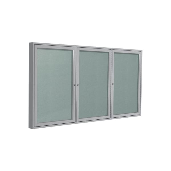 Ghent Enclosed Bulletin Board, Outdoor, 3 Door, 96"W x 48"H, Silver Vinyl/Silver Frame PA34896VX-193 - main